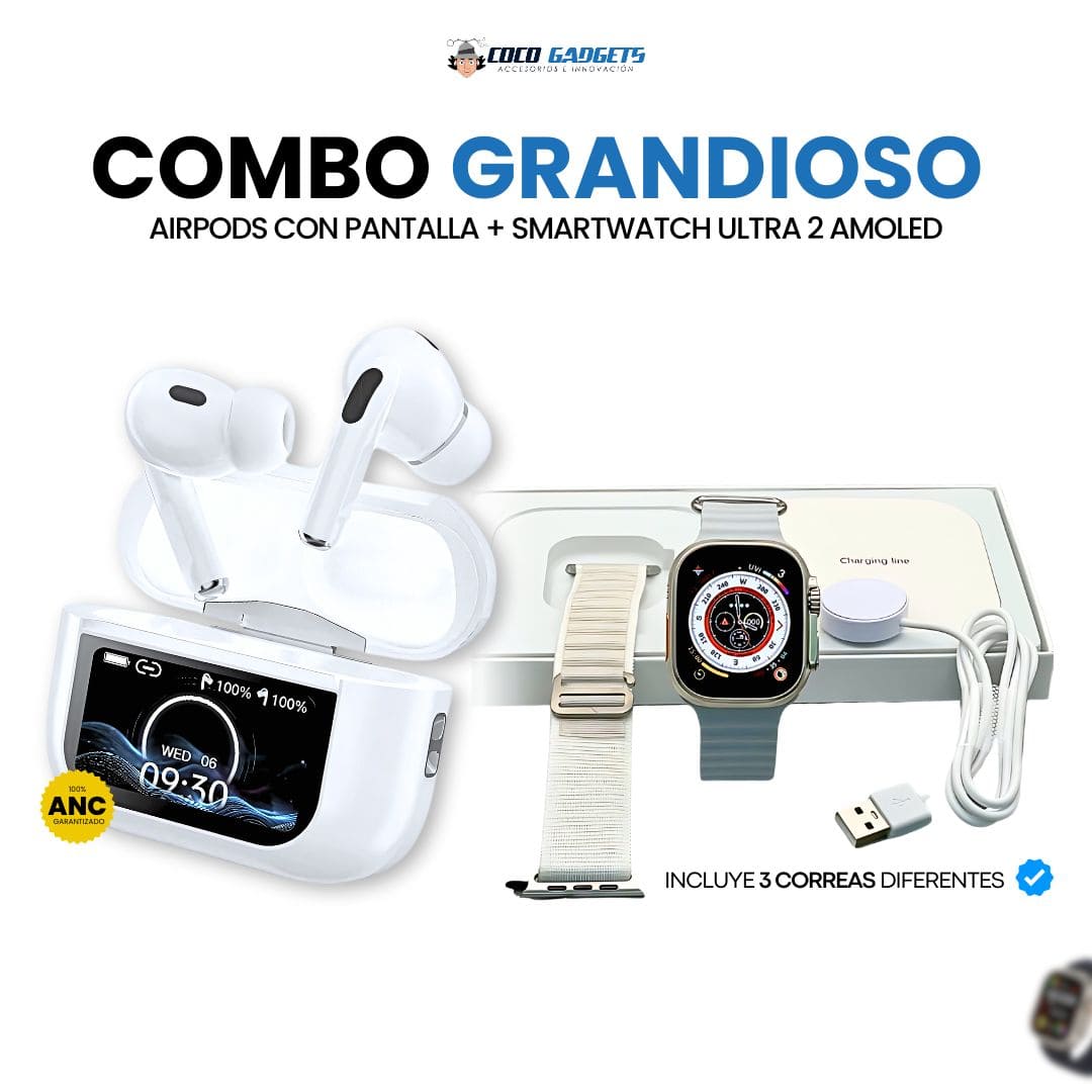 Combo Grandioso ⌚🎧 AirPods con pantalla + Smartwatch Ultra 2 Amoled - Cocogadgets