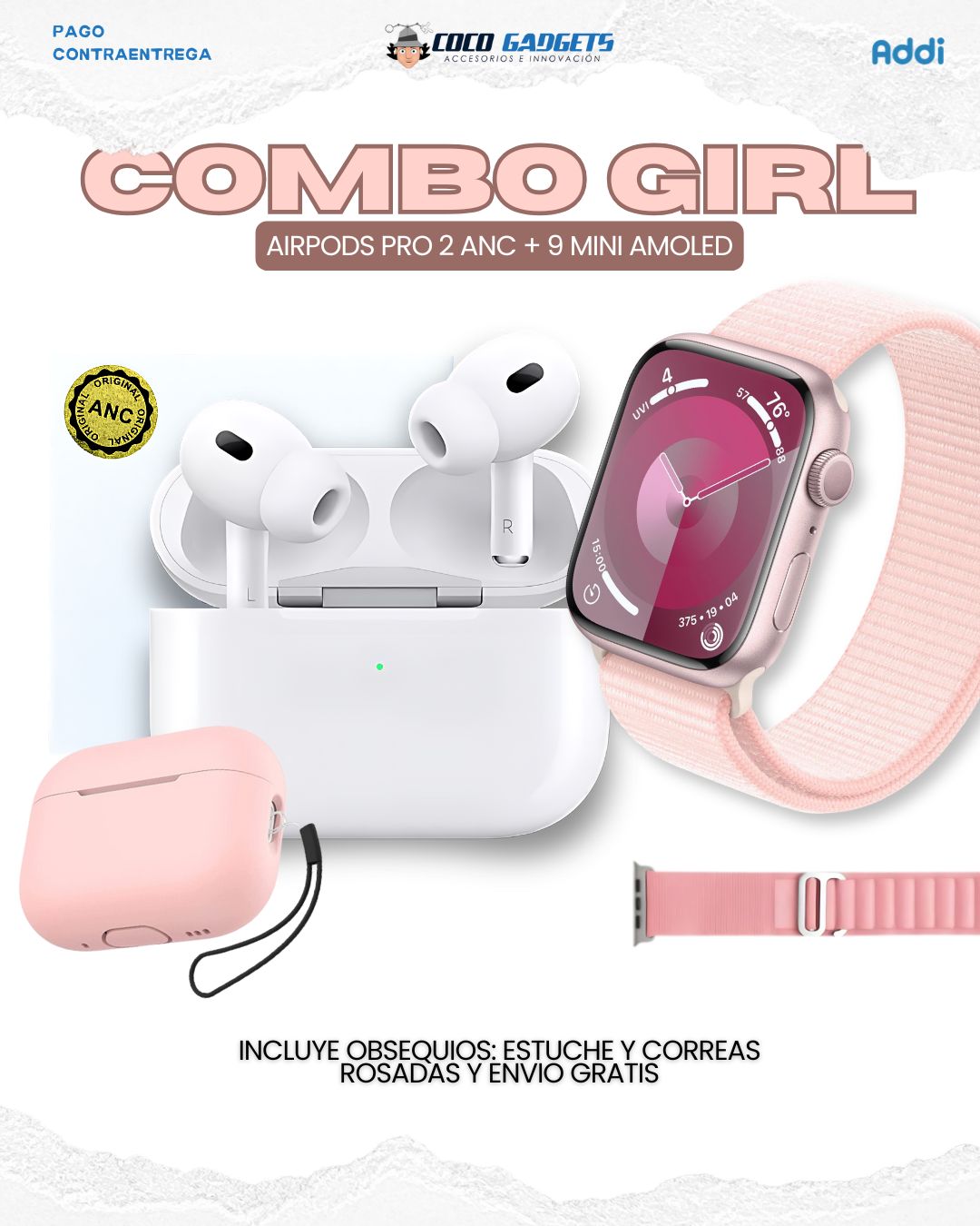 COMBO GIRL ⌚🩷 AirPods Pro 2 ANC + 9 Mini Amoled - Cocogadgets