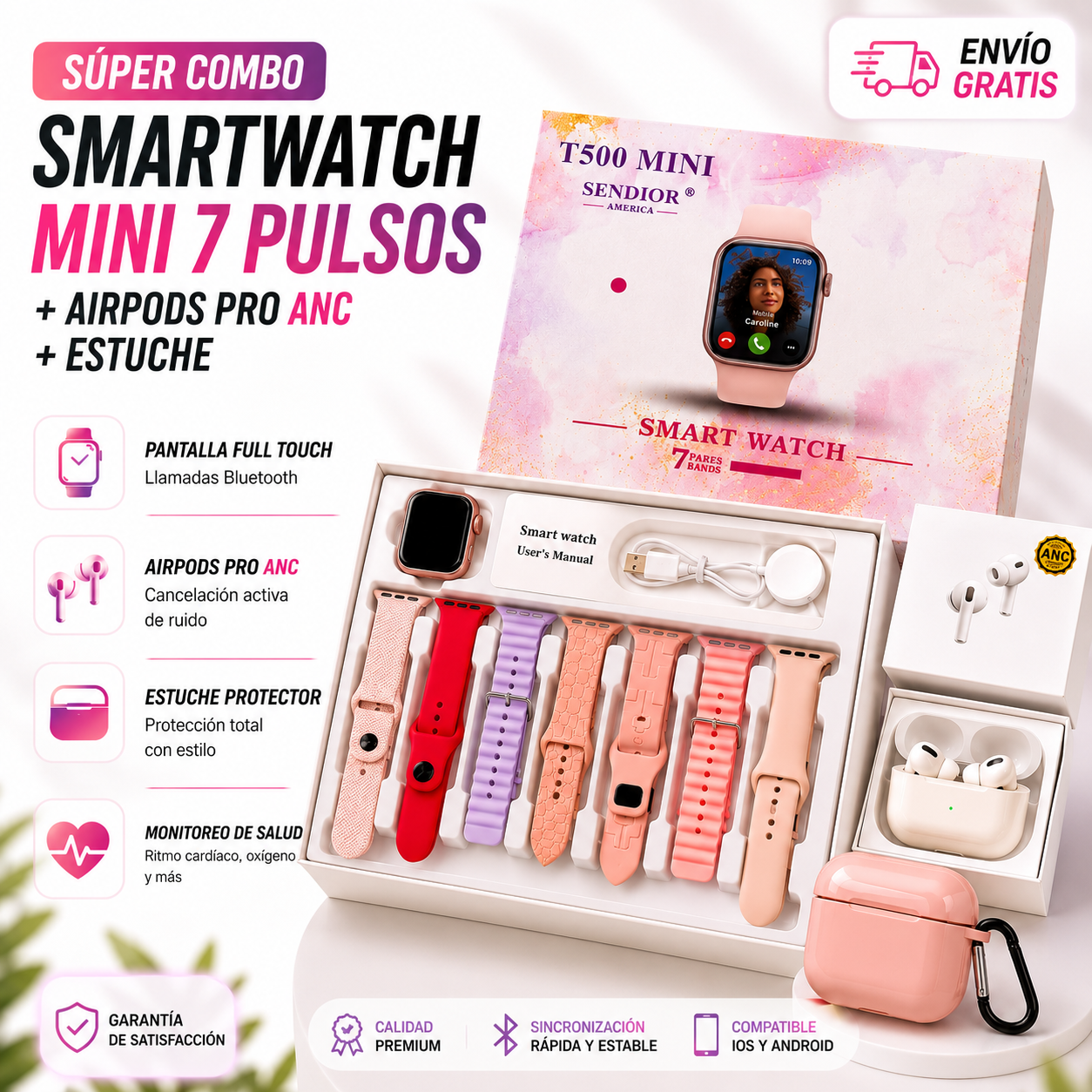 COMBO GIRL ⌚🩷 AirPods Pro 2 ANC + 7 pulsos Amoled + Obsequios