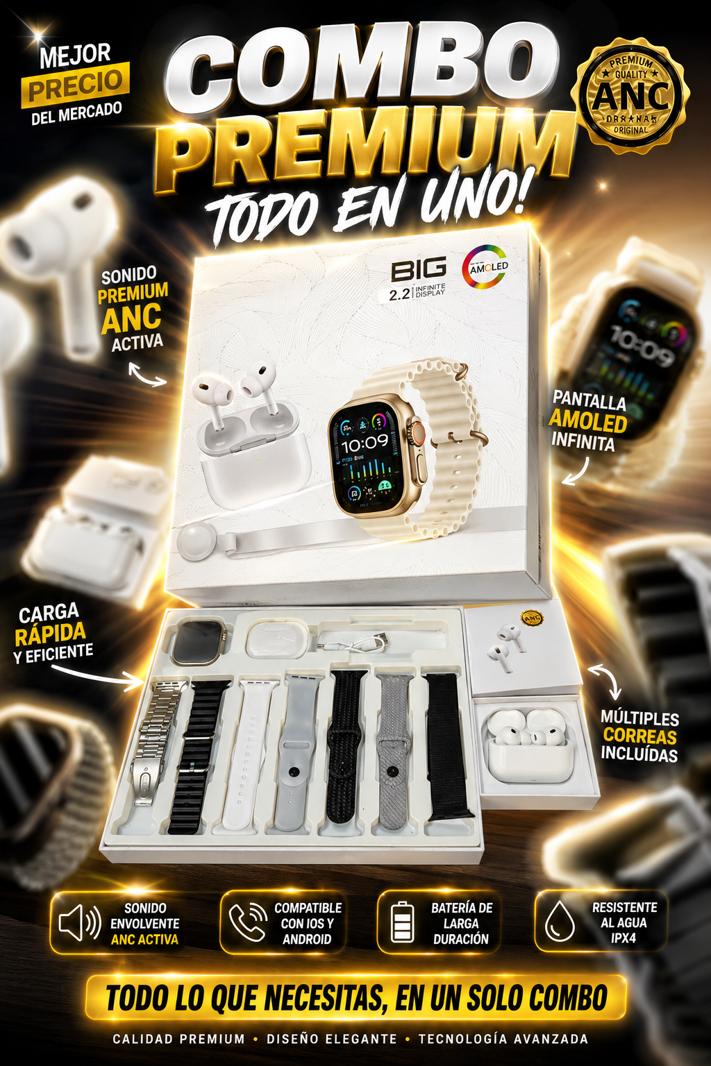 ULTRA COMBO PREMIUM⌚🎧 Smartwatch Ultra 7 pulsos + AirPods Pro 2 ANC