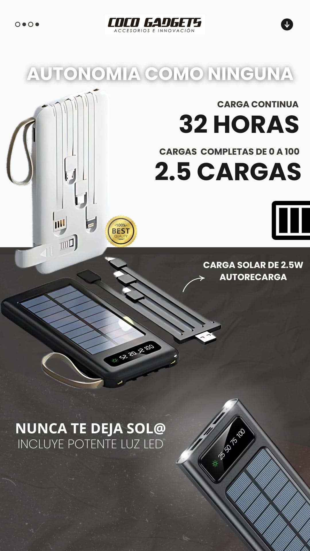 POWERBANK SOLAR DE COCOGADGETS 4 EN 1 CON CARGA SOLAR